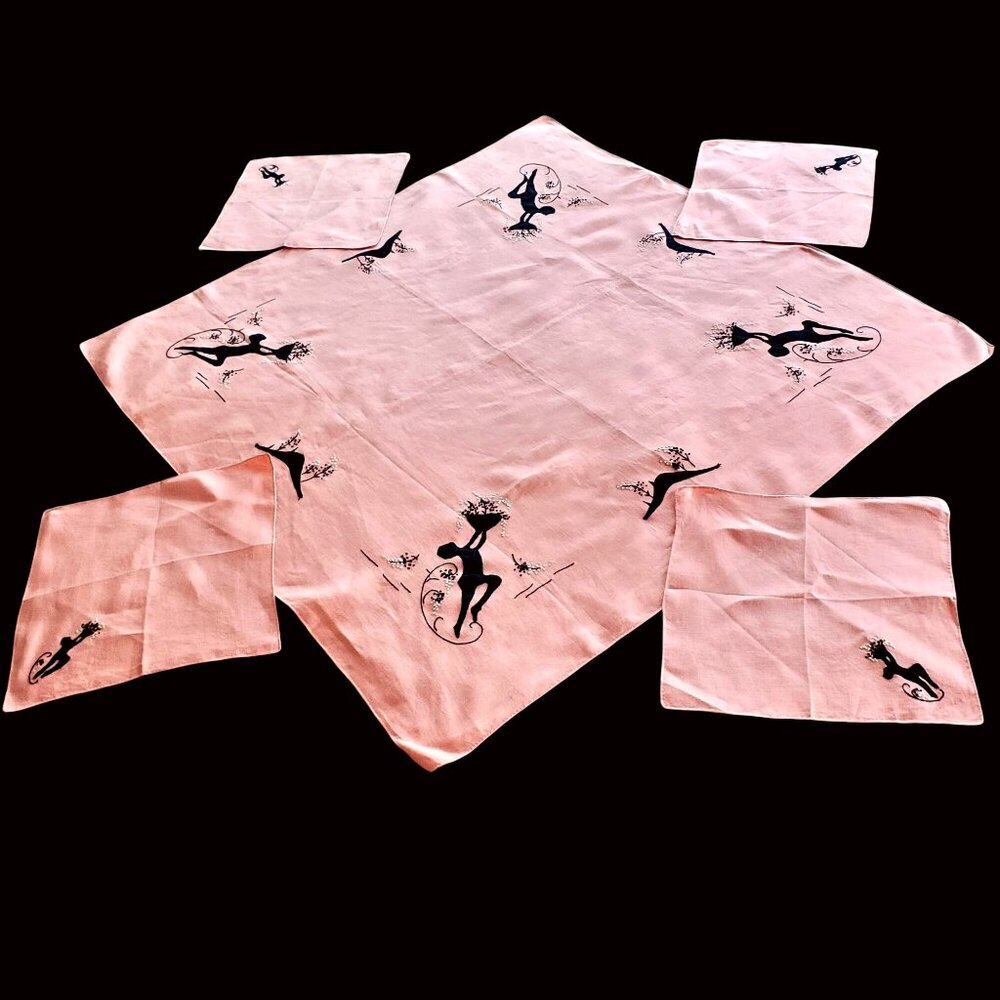 1930s Art Deco Embroidered Tablecloth & Napkins Leaping Silhouette Figures